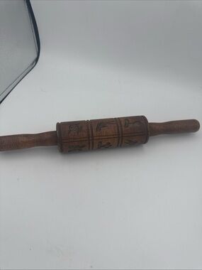 VTG Hand Carved Wooden Rolling Pin 14” Floral Clover Folk Art Rustic  Decor
